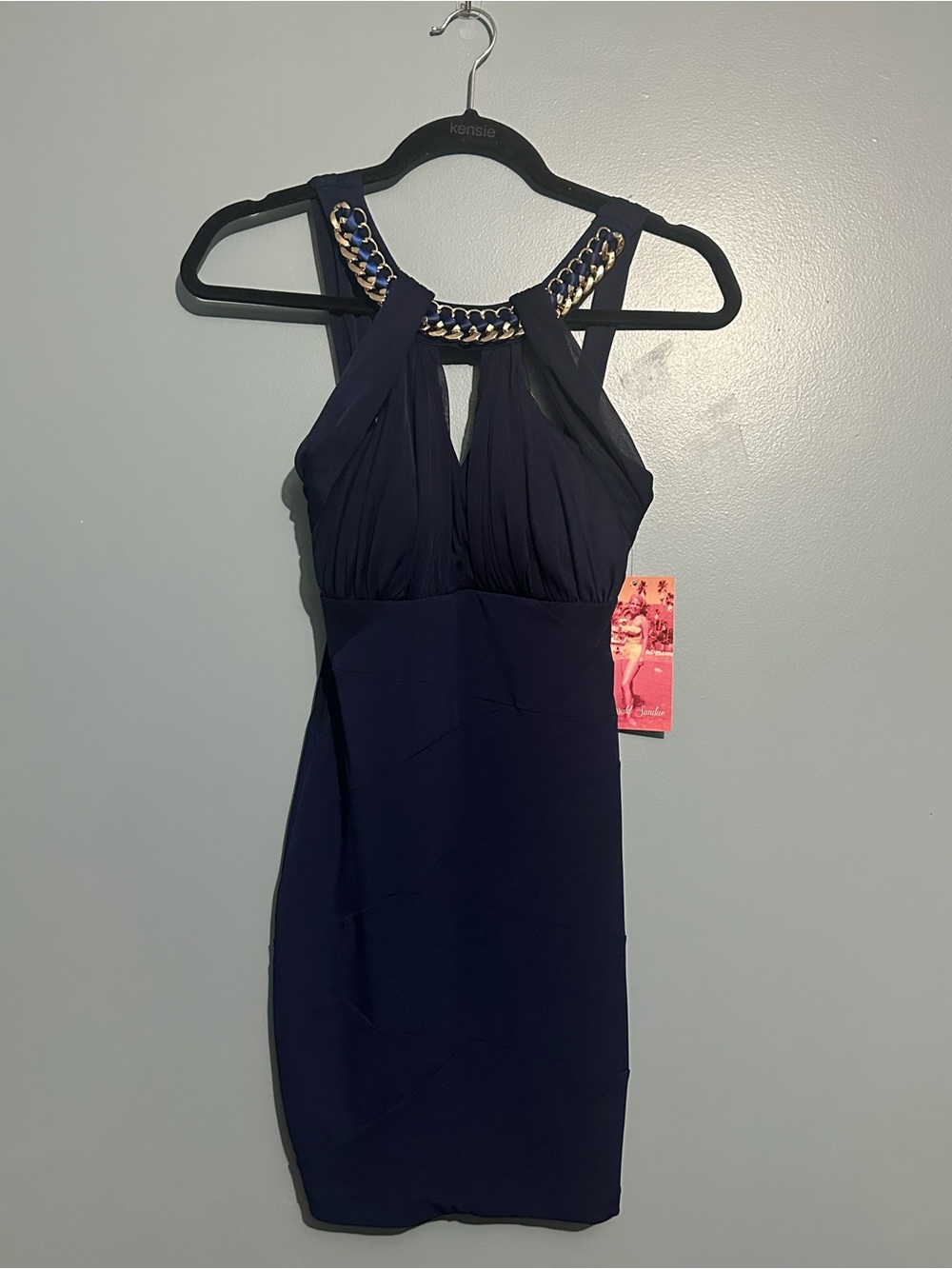 Emerald Sundae - Navy Chain-Accent Halter Cocktail Dress - Small